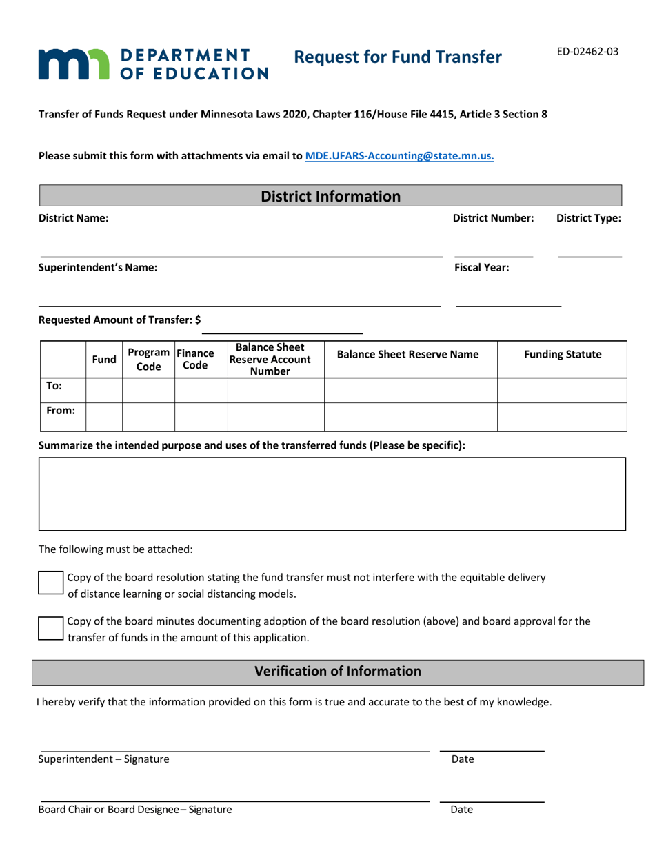 Form ED-02462-03 Request for Fund Transfer - Minnesota, Page 1