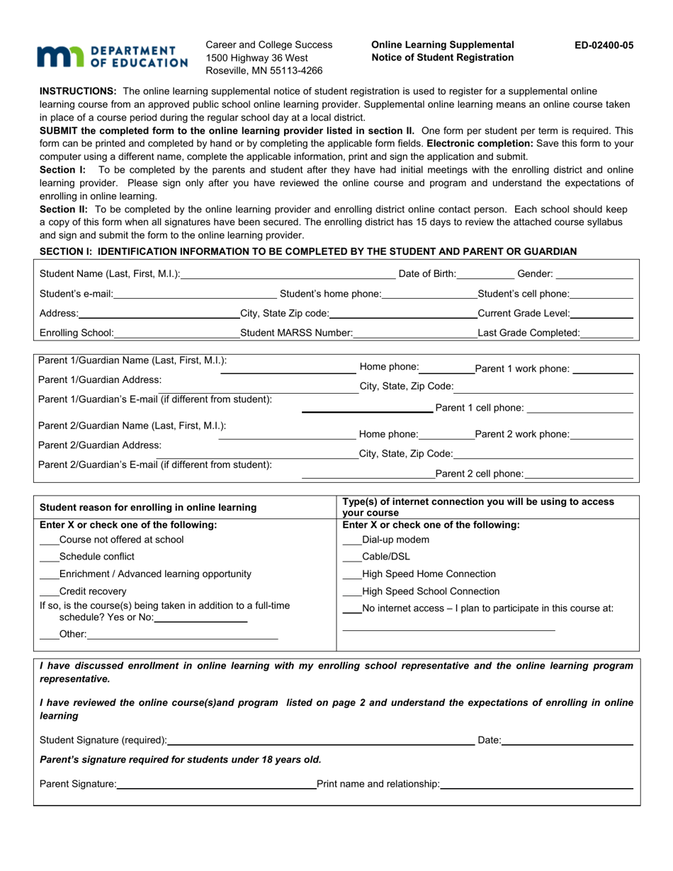Form ED-02400-05 Online Learning Supplemental Notice of Student Registration - Minnesota, Page 1