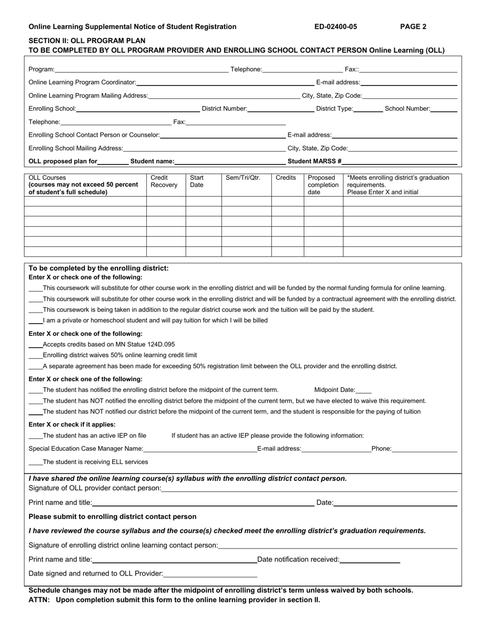 Form ED-02400-05 Online Learning Supplemental Notice of Student Registration - Minnesota, Page 2