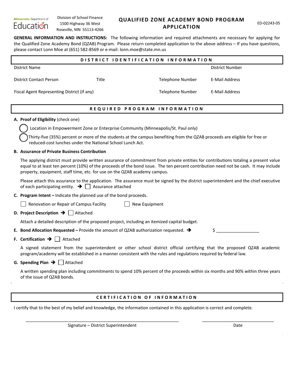 Form ED-02243-05 Qualified Zone Academy Bond Program Application - Minnesota, Page 1