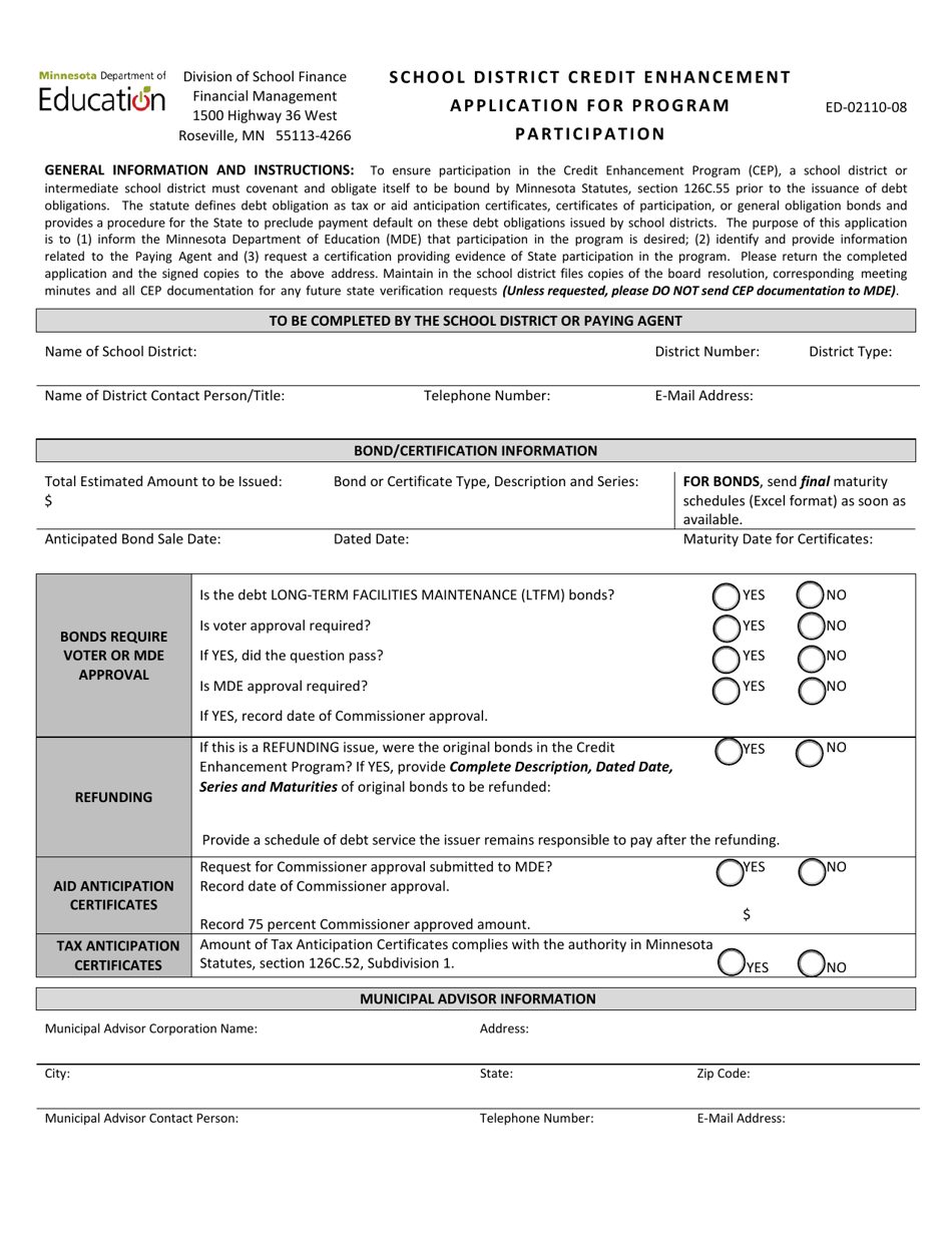 Form ED-02110-08 School District Credit Enhancement Application for Program Participation - Minnesota, Page 1