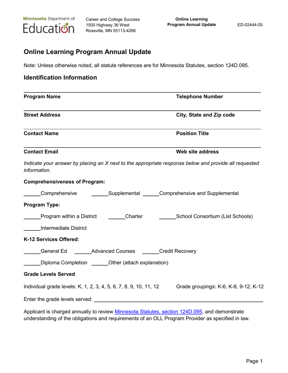 Form ED-02444-05 Online Learning Program Annual Update - Minnesota, Page 1