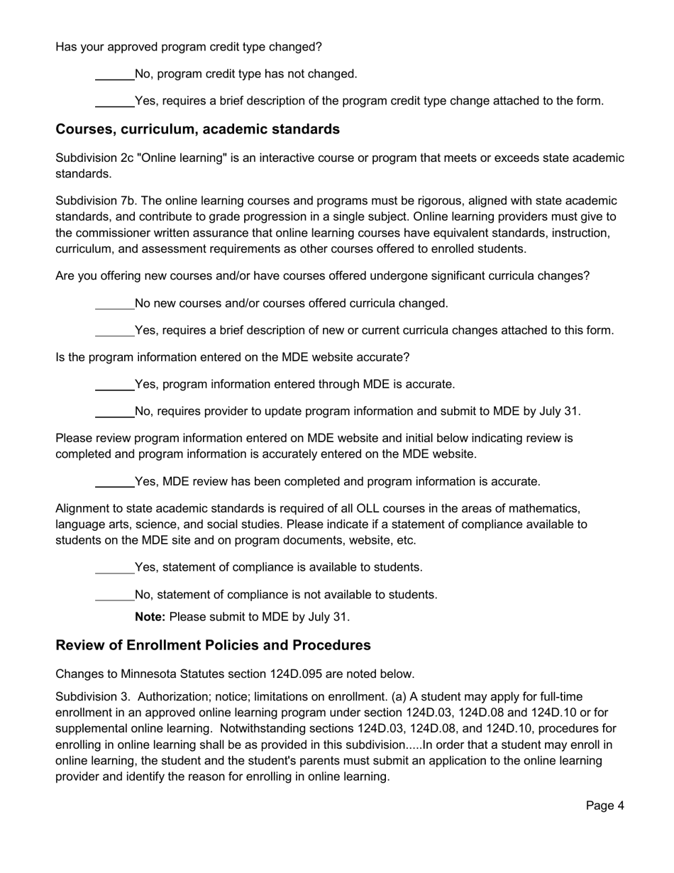Form ED-02444-05 Online Learning Program Annual Update - Minnesota, Page 4