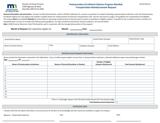 Form ED-01765-22 &quot;Monthly Transportation Reimbursement Request - Postsecondary Enrollment Options Program&quot; - Minnesota