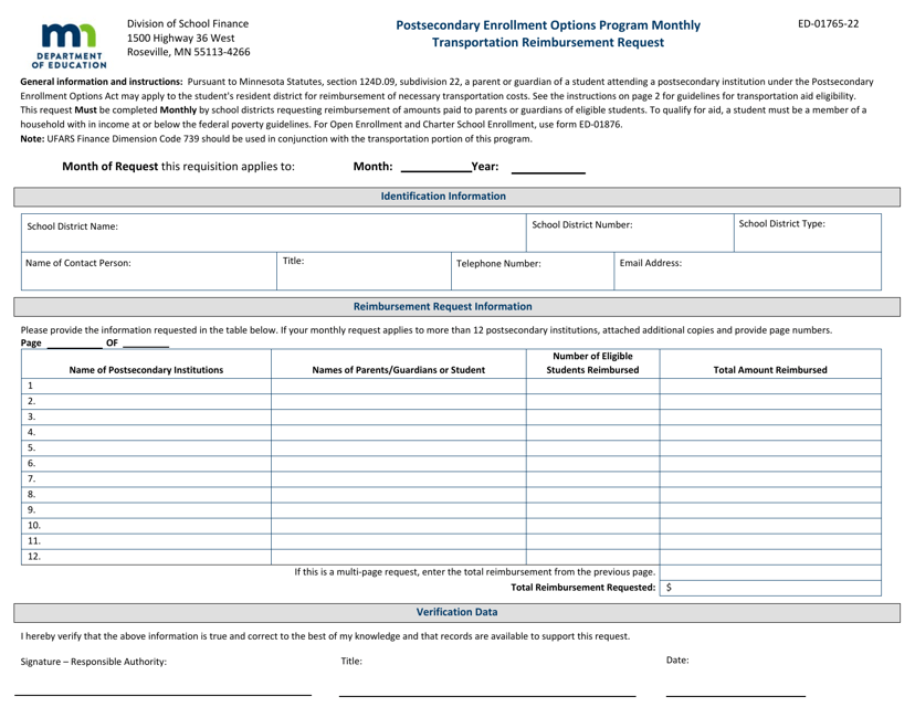 Form ED-01765-22 Monthly Transportation Reimbursement Request - Postsecondary Enrollment Options Program - Minnesota