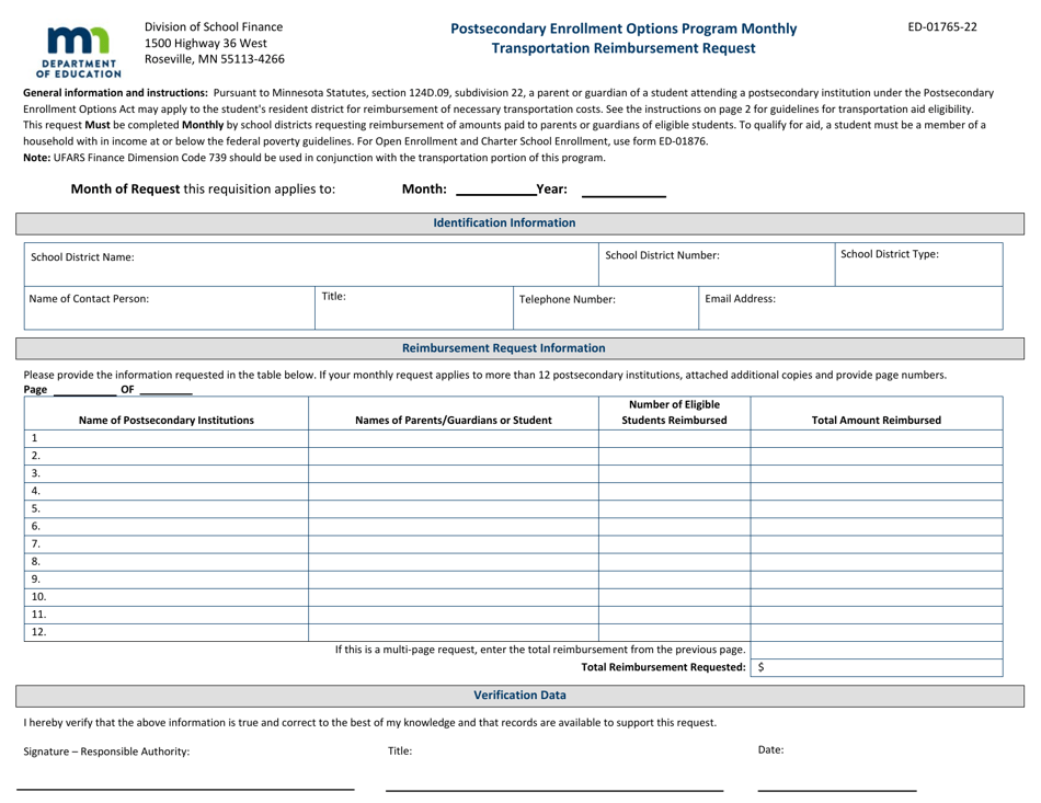 Form ED-01765-22 Monthly Transportation Reimbursement Request - Postsecondary Enrollment Options Program - Minnesota, Page 1