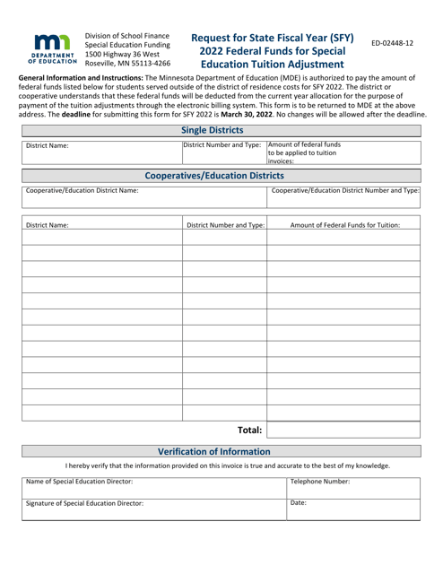 Form ED-02448-12 Request for Federal Funds for Special Education Tuition Adjustment - Minnesota, 2022