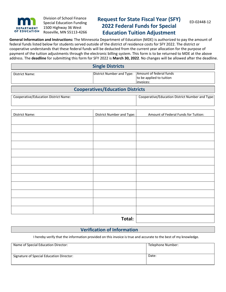 Form ED-02448-12 Request for Federal Funds for Special Education Tuition Adjustment - Minnesota, Page 1