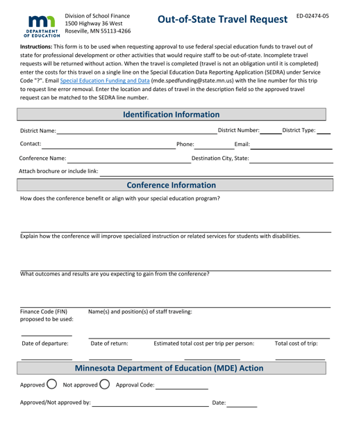 Form ED-02474-05 Out-of-State Travel Request - Minnesota