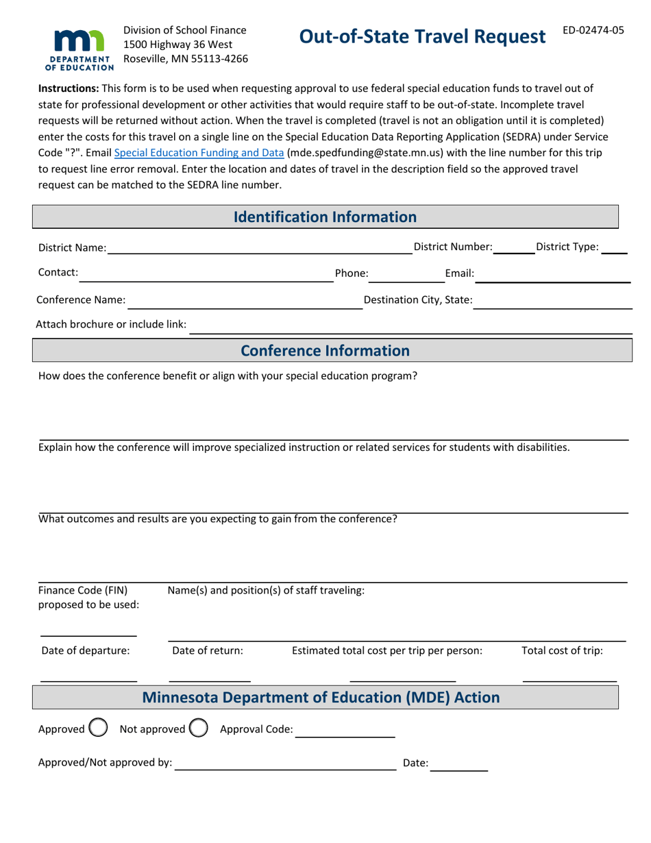 Form ED-02474-05 Out-of-State Travel Request - Minnesota, Page 1