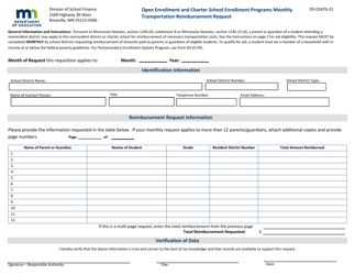 Form ED-01876-22 &quot;Open Enrollment and Charter School Enrollment Programs Monthly Transportation Reimbursement Request&quot; - Minnesota