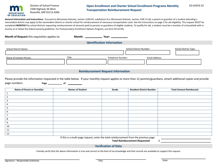 Form ED-01876-22 Open Enrollment and Charter School Enrollment Programs Monthly Transportation Reimbursement Request - Minnesota