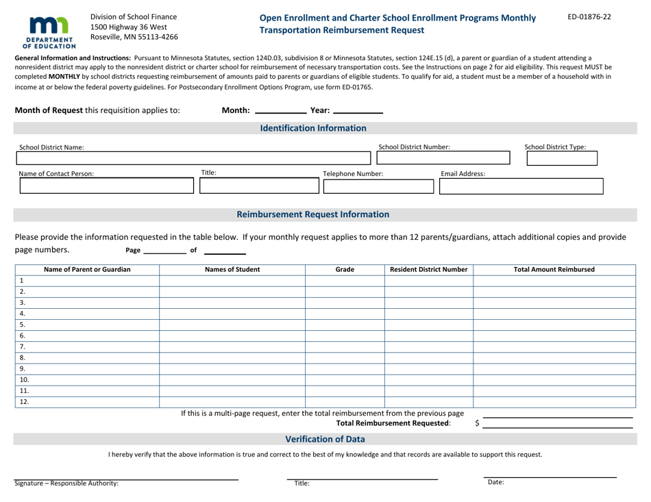 Form ED-01876-22 Open Enrollment and Charter School Enrollment Programs Monthly Transportation Reimbursement Request - Minnesota, Page 1