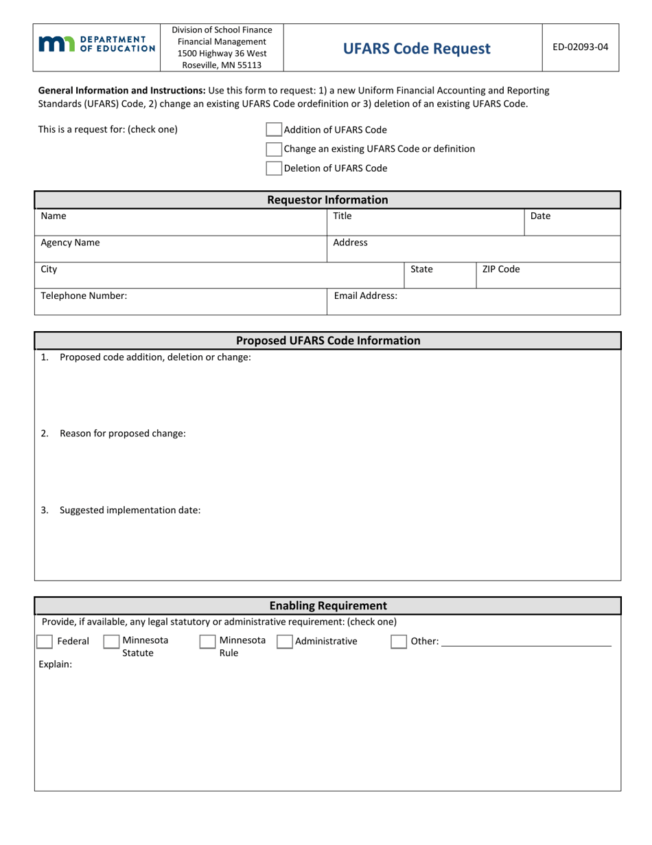 Form ED-02093-04 Ufars Code Request - Minnesota, Page 1