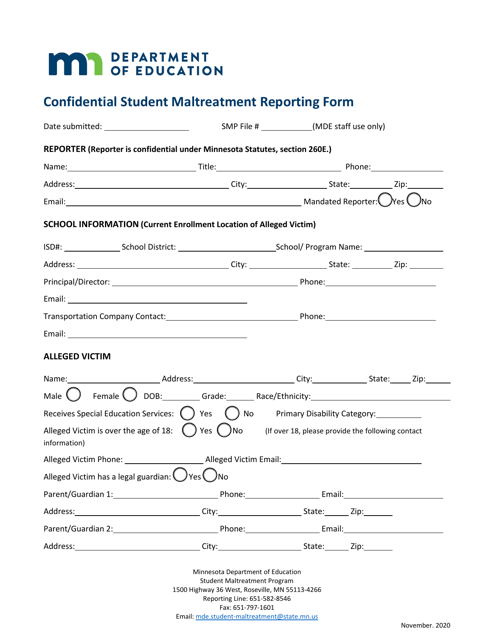 Confidential Student Maltreatment Reporting Form - Minnesota