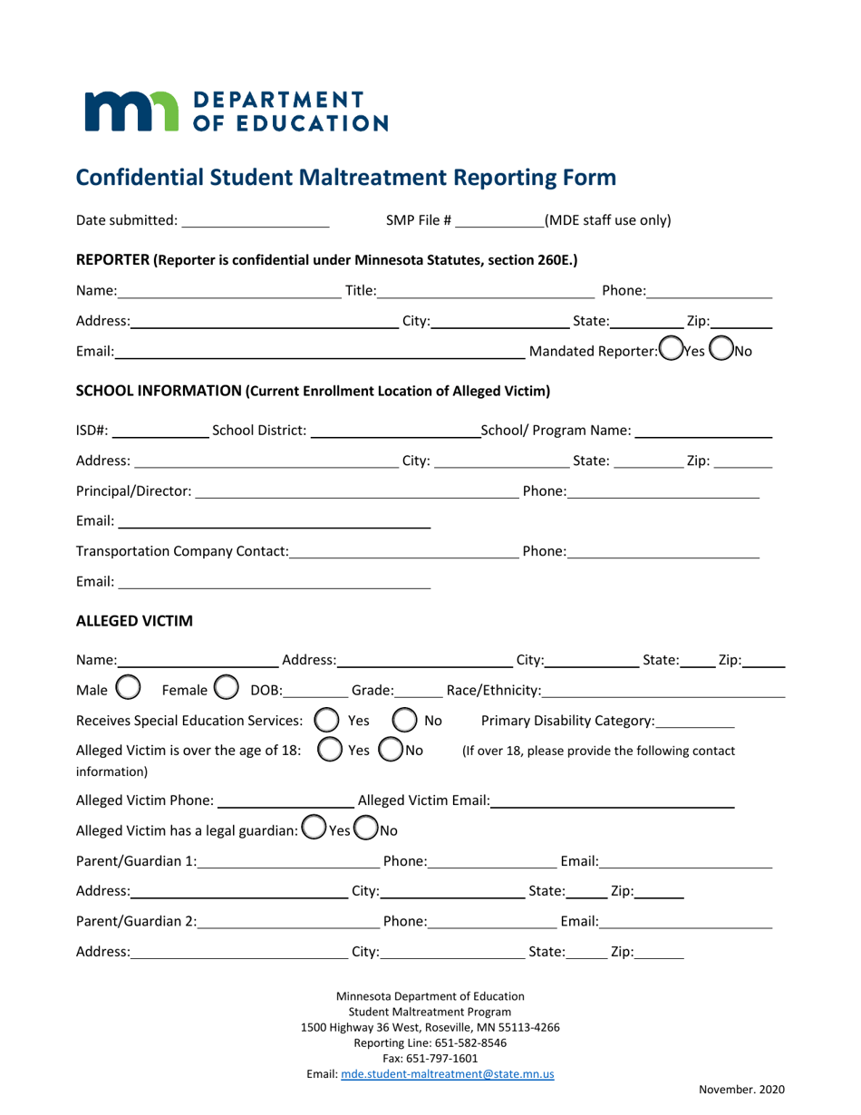 Confidential Student Maltreatment Reporting Form - Minnesota, Page 1