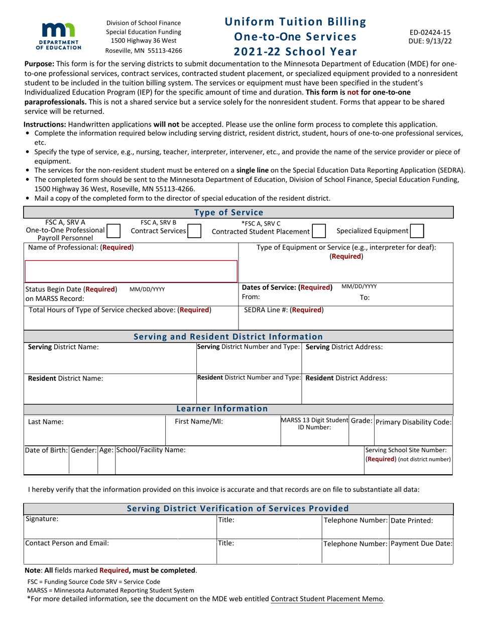 Form ED-02424-15 Uniform Tuition Billing One-To-One Services - Minnesota, Page 1