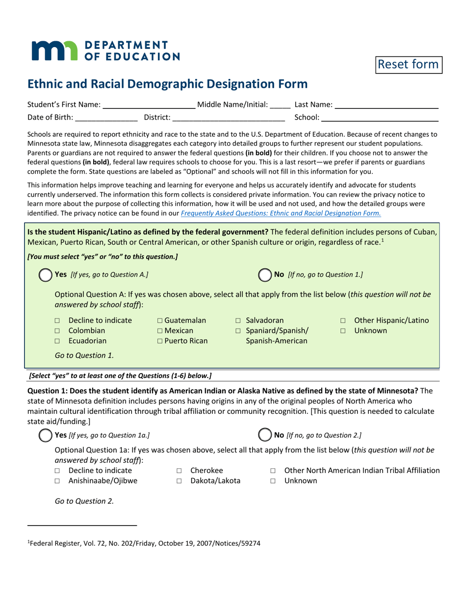 Ethnic and Racial Demographic Designation Form - Minnesota, Page 1