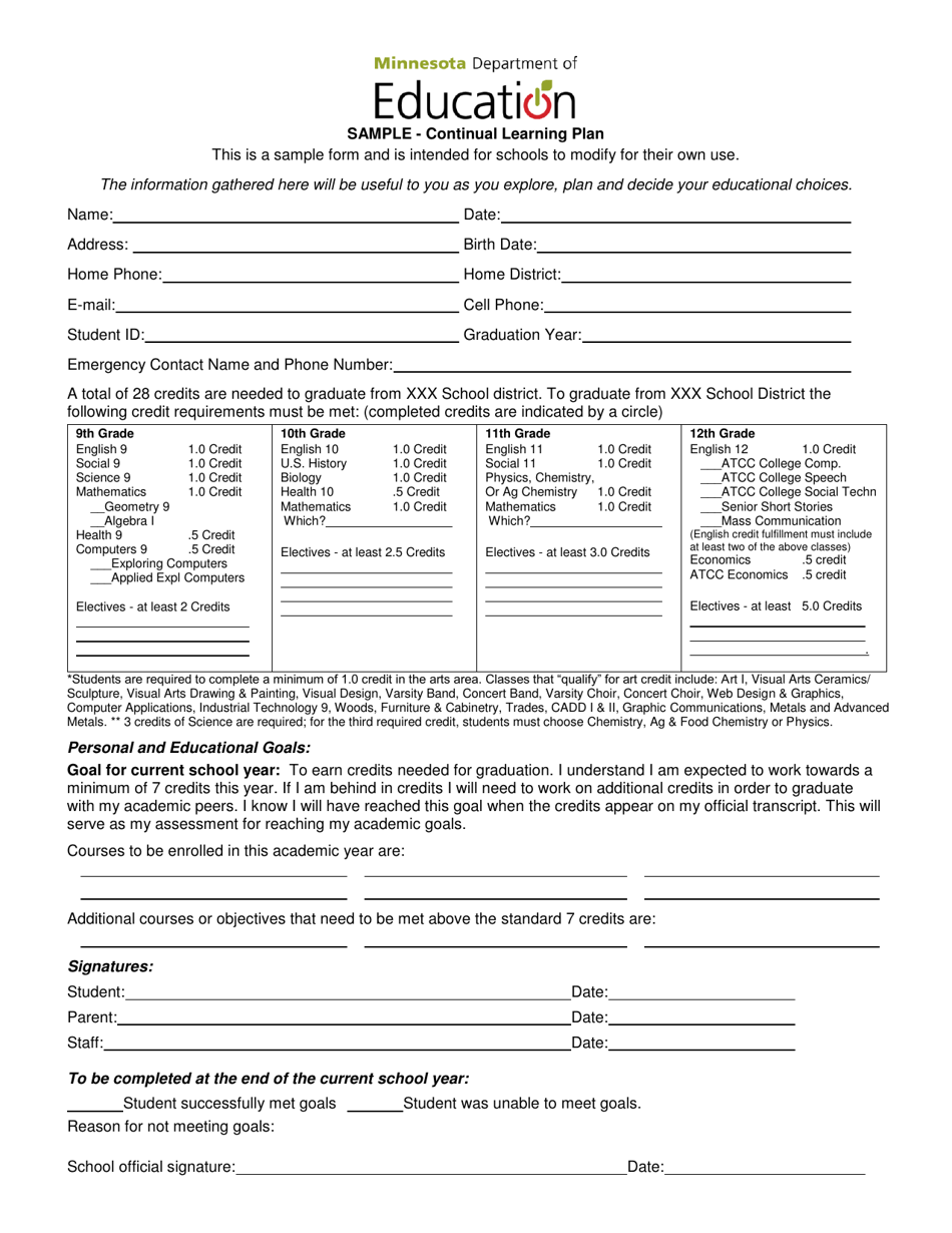 Minnesota Sample Continual Learning Plan - Fill Out, Sign Online and ...