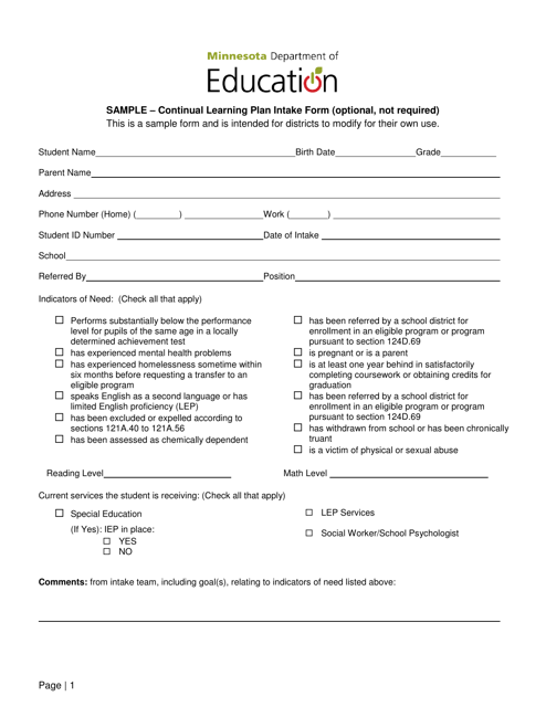 Continual Learning Plan Intake Form - Minnesota Download Pdf