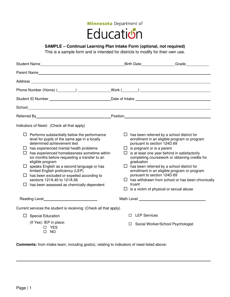 Continual Learning Plan Intake Form - Minnesota, Page 1