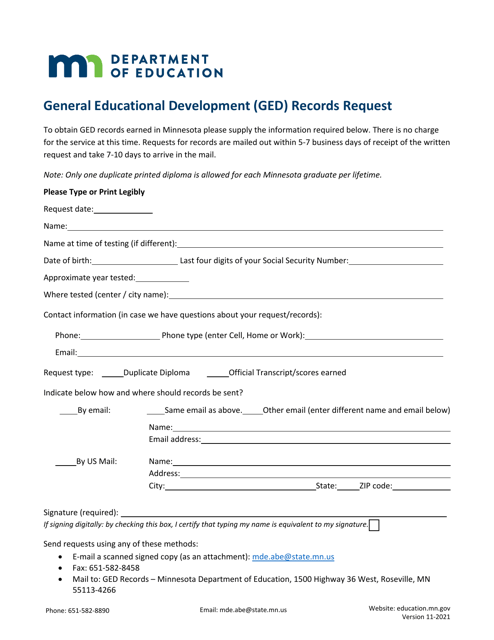 General Educational Development (Ged) Records Request - Minnesota Download Pdf