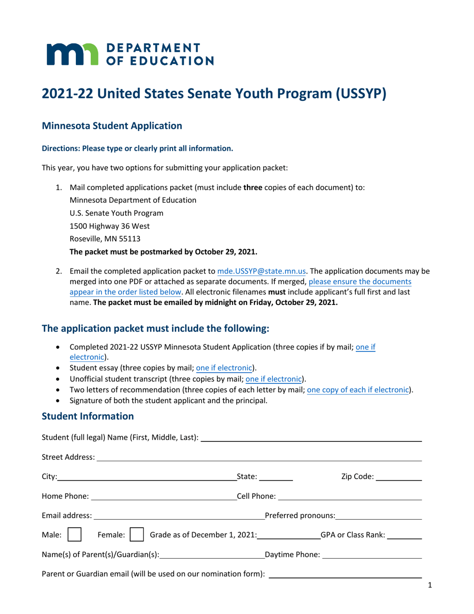 2022 Minnesota United States Senate Youth Program (Ussyp) Fill Out