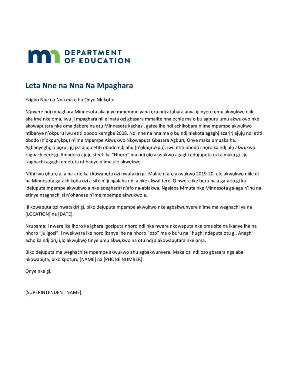 Minnesota Aeo Parent Letter (Igbo) - Fill Out, Sign Online and Download ...