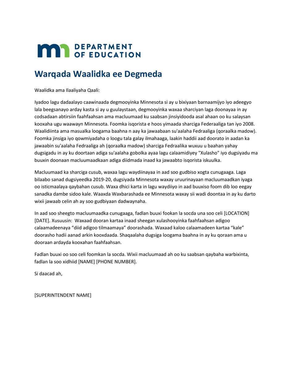 Minnesota Aeo Parent Letter (Somali) - Fill Out, Sign Online and ...