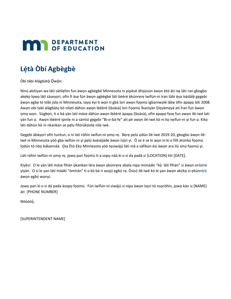 Minnesota Aeo Parent Letter (Yoruba) - Fill Out, Sign Online and ...