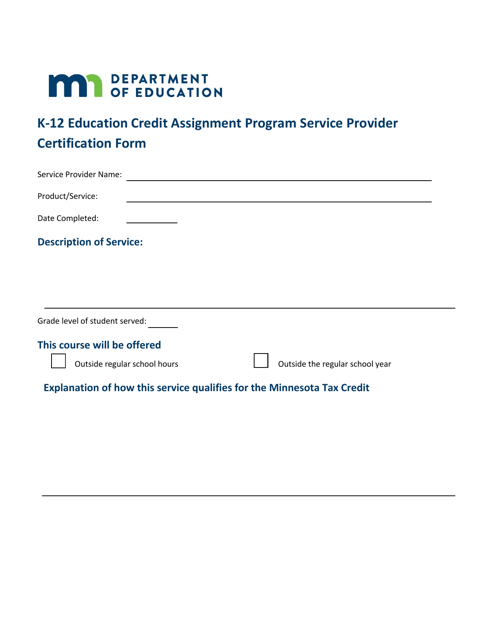 K-12 Education Credit Assignment Program Service Provider Certification Form - Minnesota Download Pdf