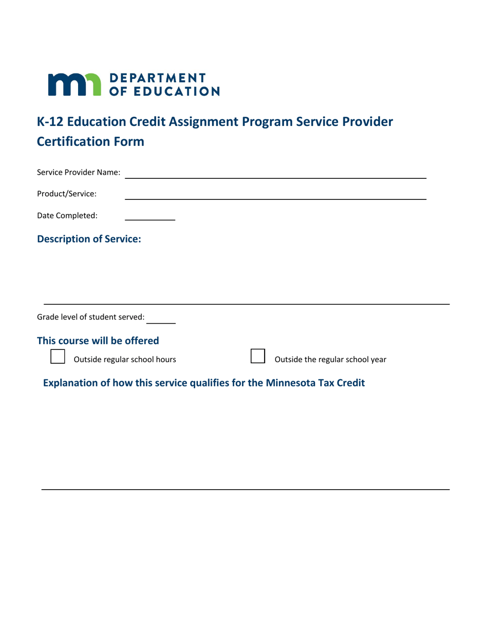 K-12 Education Credit Assignment Program Service Provider Certification Form - Minnesota, Page 1