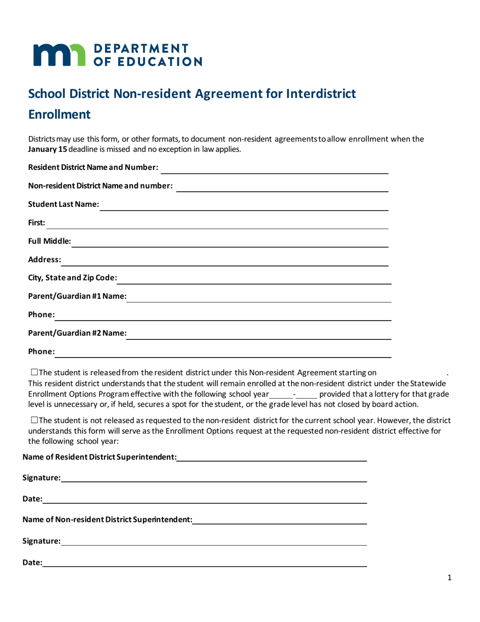 School District Non-resident Agreement for Interdistrict Enrollment - Minnesota, Page 1