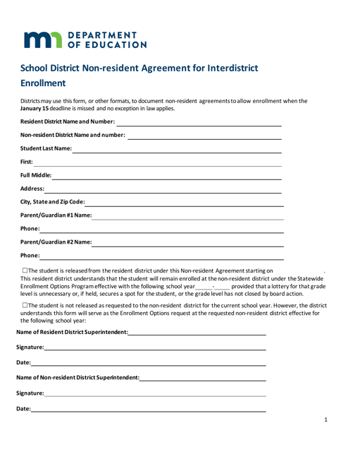 School District Non-resident Agreement for Interdistrict Enrollment - Minnesota