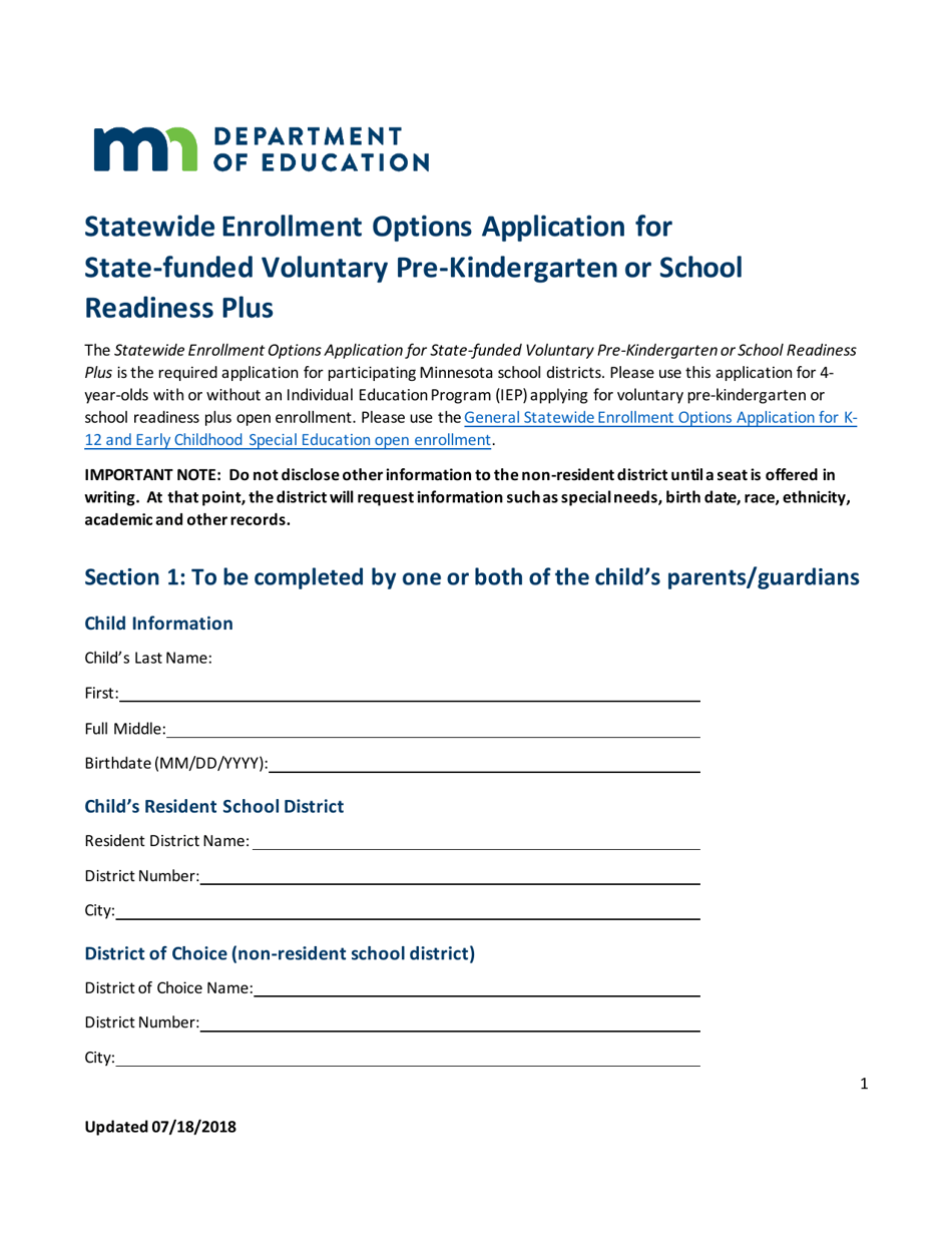 Statewide Enrollment Options Application for State-Funded Voluntary Pre-kindergarten or School Readiness Plus - Minnesota, Page 1