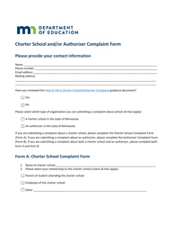 Document preview: Charter School and/or Authorizer Complaint Form - Minnesota