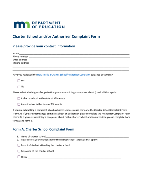 Charter School and / or Authorizer Complaint Form - Minnesota Download Pdf