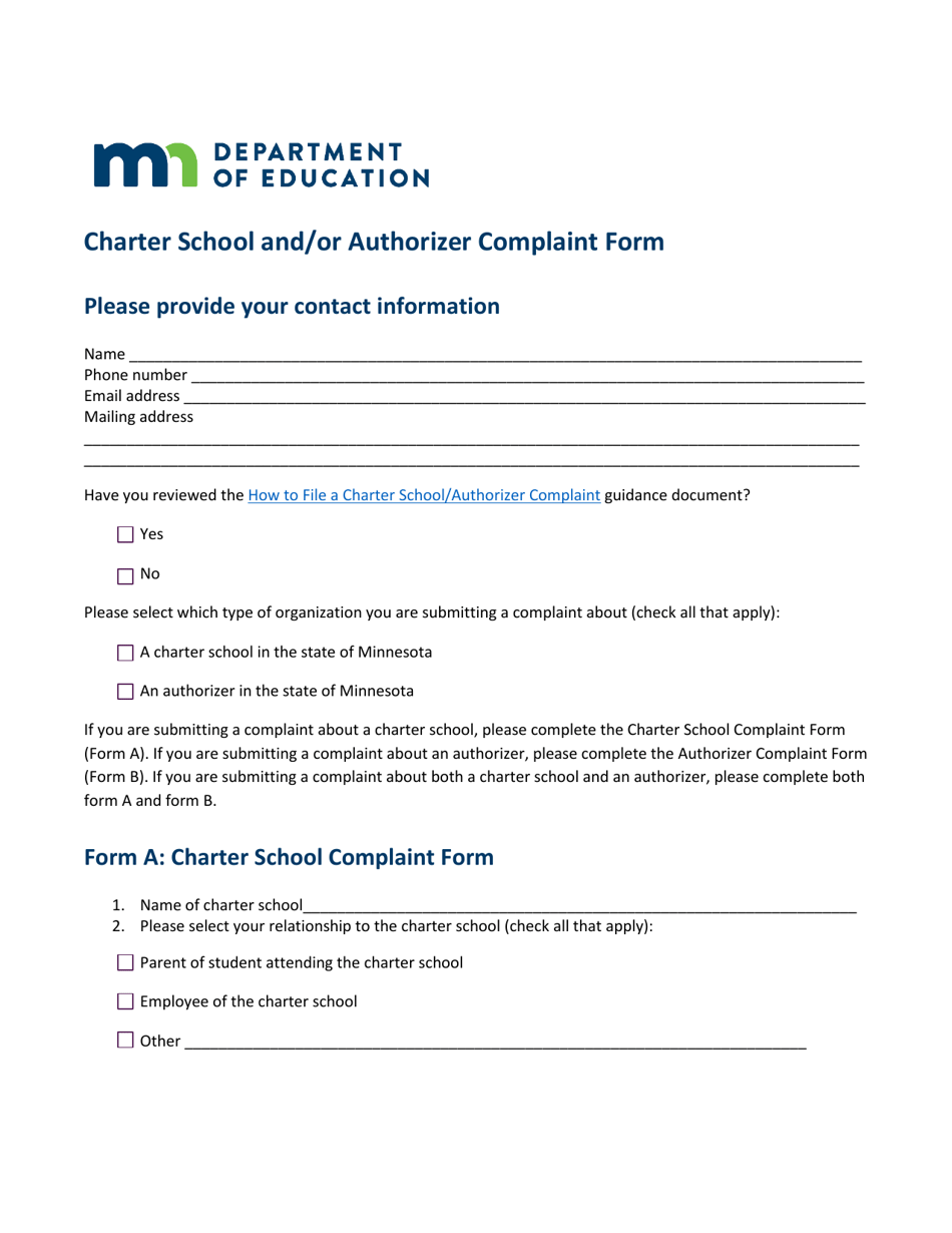 Charter School and / or Authorizer Complaint Form - Minnesota, Page 1