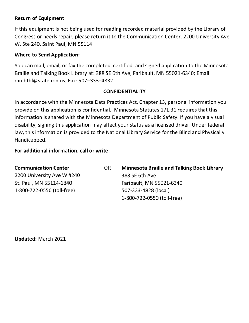 Application for Free Library Service: Individuals - Minnesota, Page 6