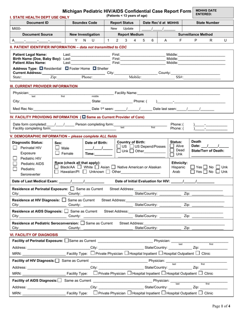 DCH Form 1402 Pediatric HIV/AIDS Confidential Case Report Form - Michigan