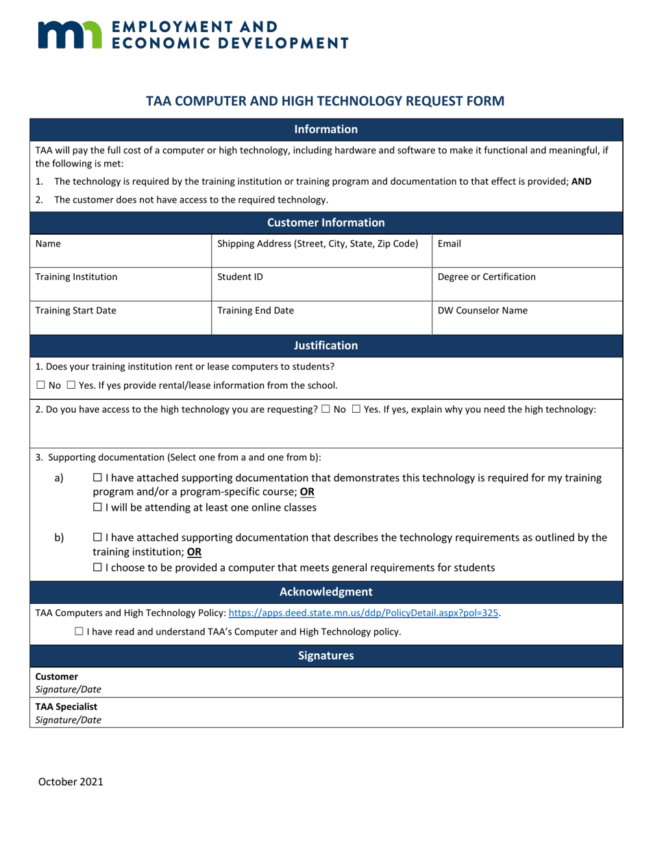 Taa Computer and High Technology Request Form - Minnesota, Page 1