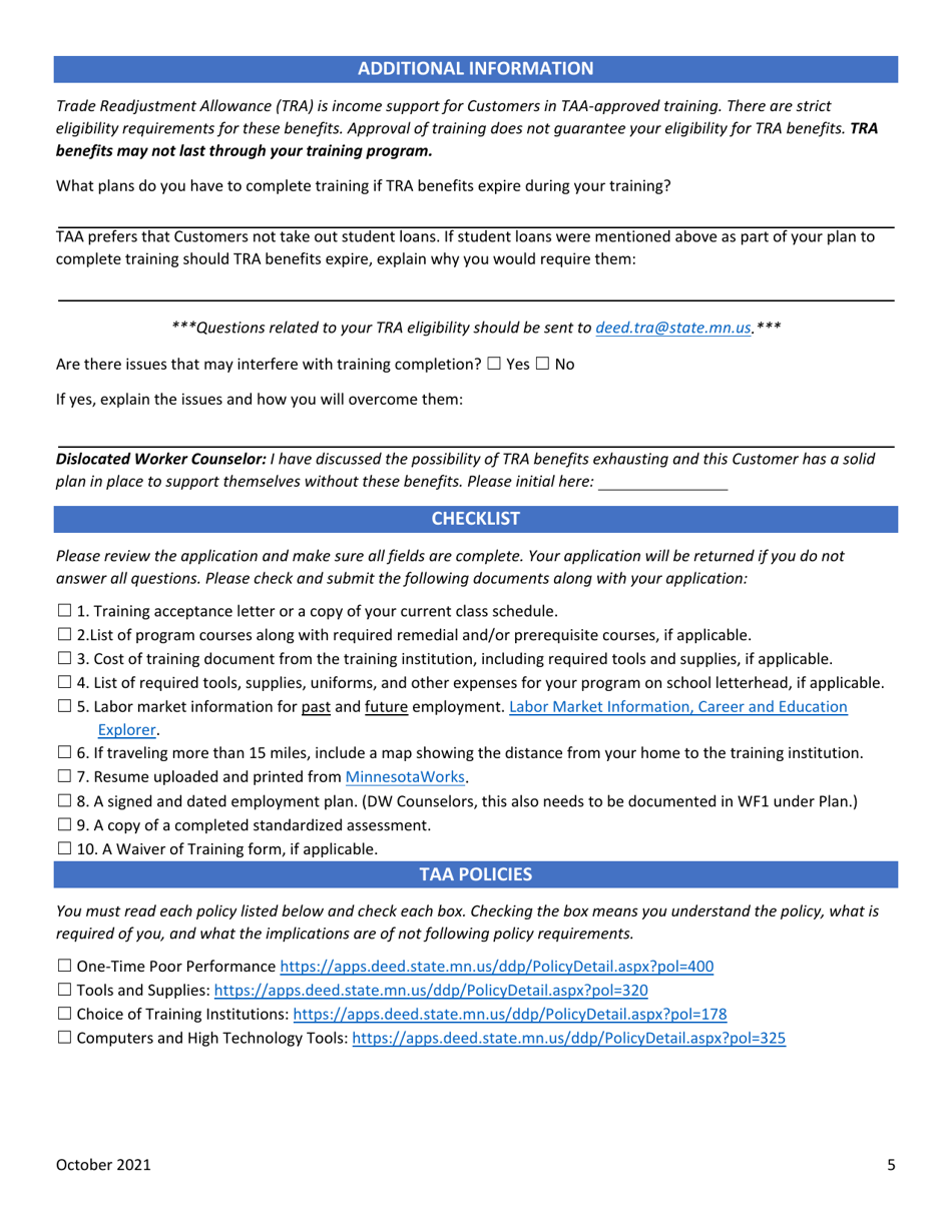 Training Application - Trade Adjustment Assistance - Minnesota, Page 5