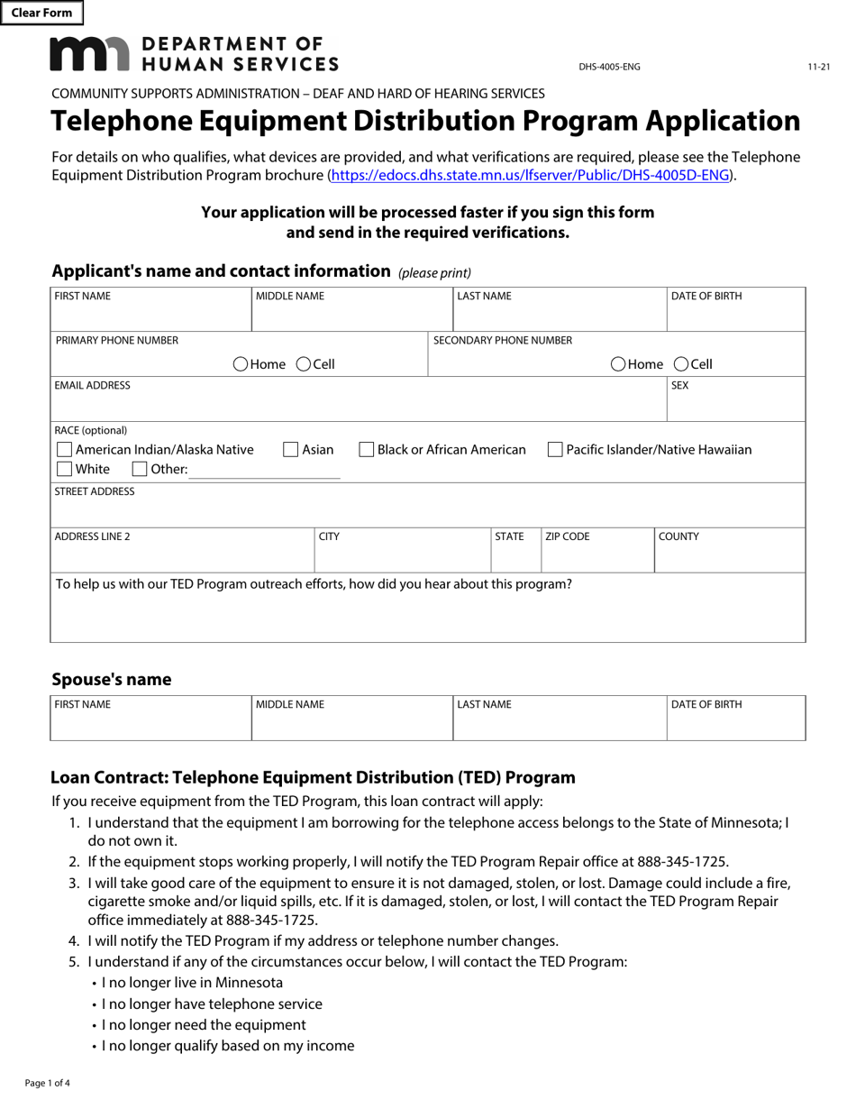 Form DHS-4005-ENG Telephone Equipment Distribution Program Application - Minnesota, Page 1