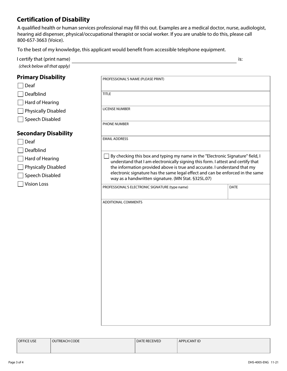 Form DHS-4005-ENG Telephone Equipment Distribution Program Application - Minnesota, Page 3