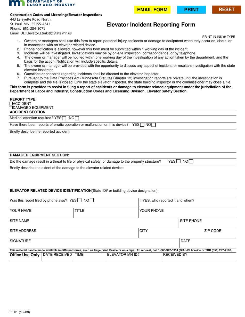 Form EL001 Elevator Incident Reporting Form - Minnesota, Page 1