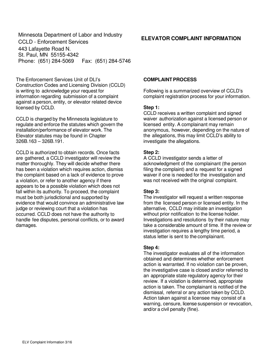 Elevator Complaint Form - Minnesota, Page 1