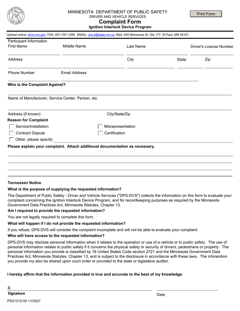 Form PS31210 Complaint Form - Ignition Interlock Device Program - Minnesota, Page 1