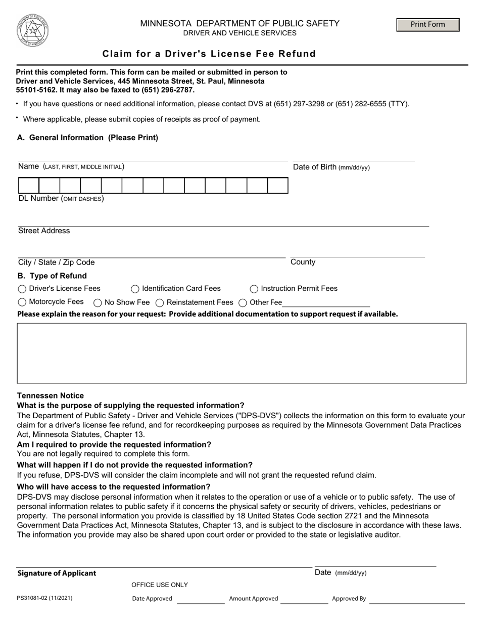 Form PS31081 Claim for a Drivers License Fee Refund - Minnesota, Page 1