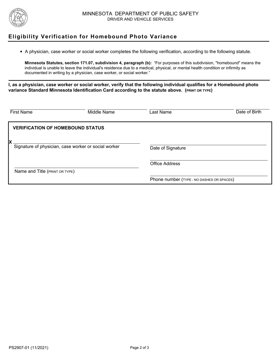 Form PS2907 Petition for a Variance Form - Homebound Photo Variance - Minnesota, Page 2