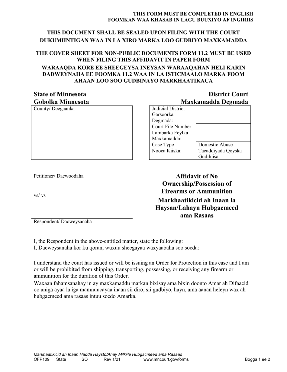 Form OFP109 Affidavit of No Ownership / Possession of Firearms or Ammunition - Minnesota (English / Somali), Page 1